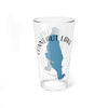 Clear glass pint with Conneaut Lake outline and compass rose design.