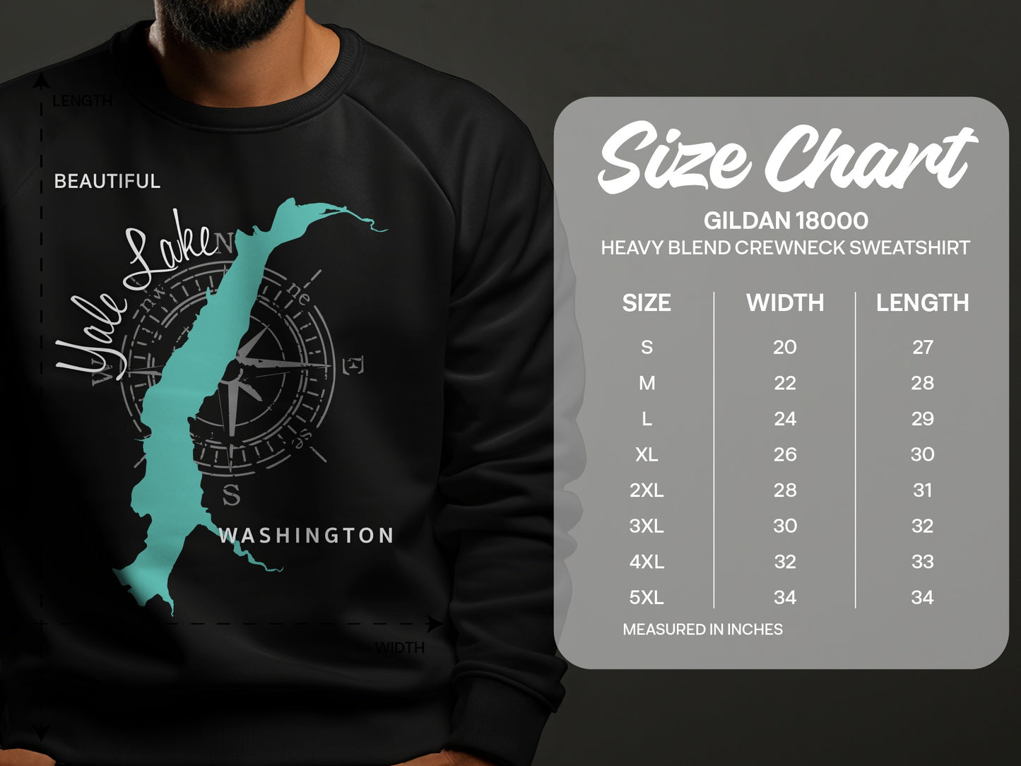 Sweatshirt with Yale Lake map graphic and Gildan 18000 size chart.