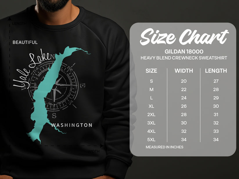 Sweatshirt with Yale Lake map graphic and Gildan 18000 size chart.