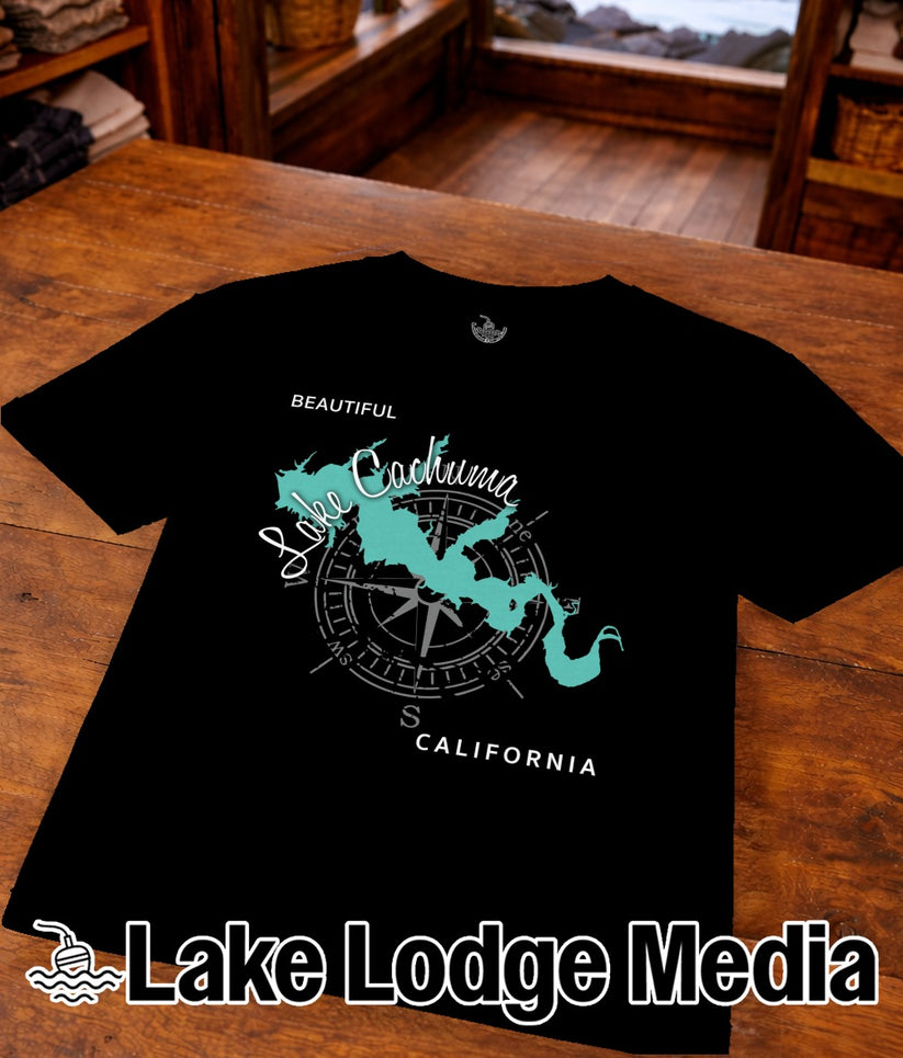 Black t-shirt with "Beautiful Lake Cachuma California" and compass graphic.