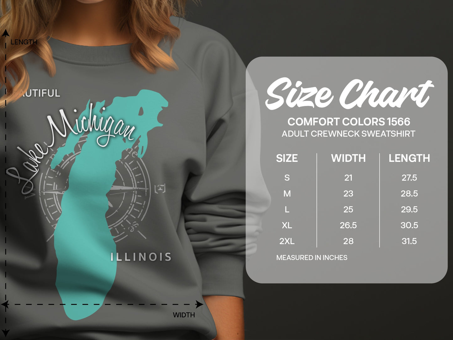 Lake Michigan sweatshirt size chart with measurements in inches.