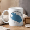 White mug with a blue Round Valley Reservoir map and compass rose graphic.