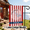 Red and white striped garden flag with "Lake Travis Texas" and "The Smith Family".
