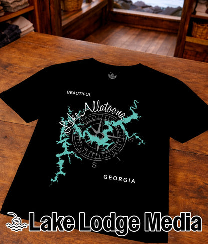 Black t-shirt featuring a compass rose map of Lake Allatoona, Georgia.
