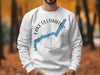 White sweatshirt with blue Lake Ullswater map and compass graphic and text.