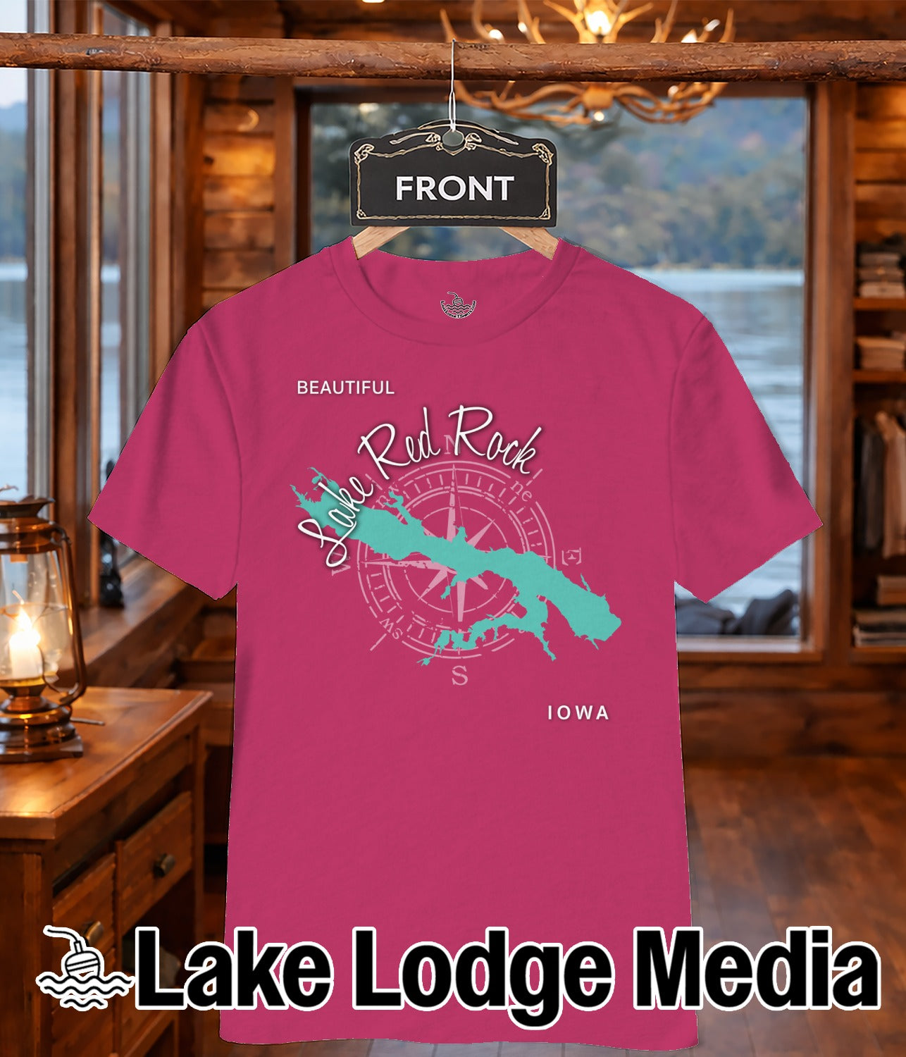 Pink t-shirt with a compass and lake map of Iowa.