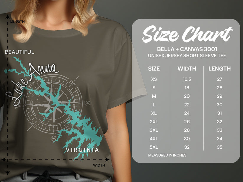 T-shirt with Lake Anna Virginia compass graphic and size chart.