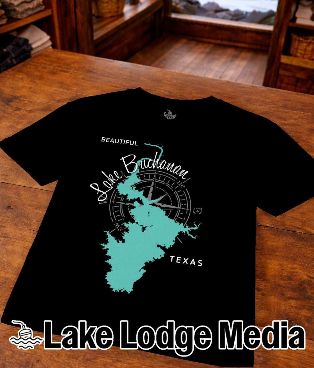 Black t-shirt with teal Lake Buchanan outline and compass graphic.