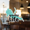 Turquoise Granby outline with black text "granby LIFE".