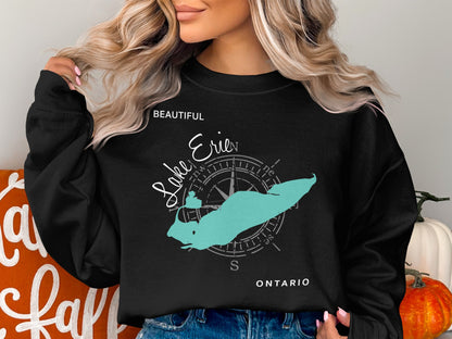 Black crewneck sweatshirt with a turquoise Lake Erie map and compass rose graphic.