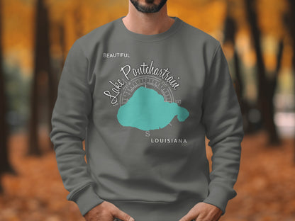 Grey sweatshirt with Lake Pontchartrain map and compass design.