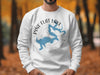 White sweatshirt with blue Pine Flat Lake map and compass graphic, California text.