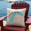 Grand Lake Colorado map design on a tan throw pillow on a red chair.