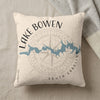 Decorative pillow with "Lake Bowen South Carolina" text and a compass rose design.