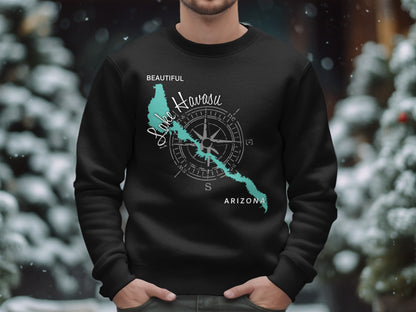 Black sweatshirt with a map of Lake Havasu, Arizona and compass.