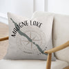 Throw pillow with Malingne Lake map, compass, and Canada text.