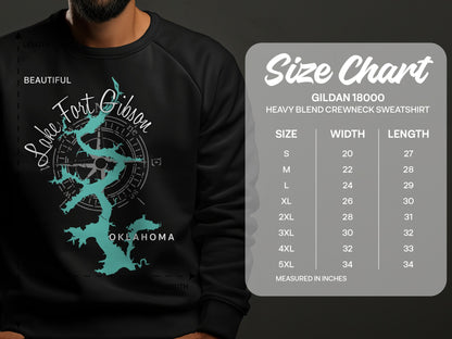 Lake Fort Gibson, Oklahoma graphic on a black sweatshirt with size chart.