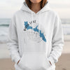 White hoodie with Bass Lake California map and compass graphic.
