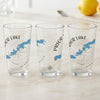 Three clear glasses with "Prior Lake Minnesota" and a blue map on a compass rose design.