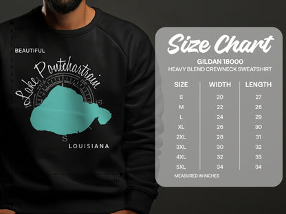 Lake Pontchartrain sweatshirt on a model, with a size chart.