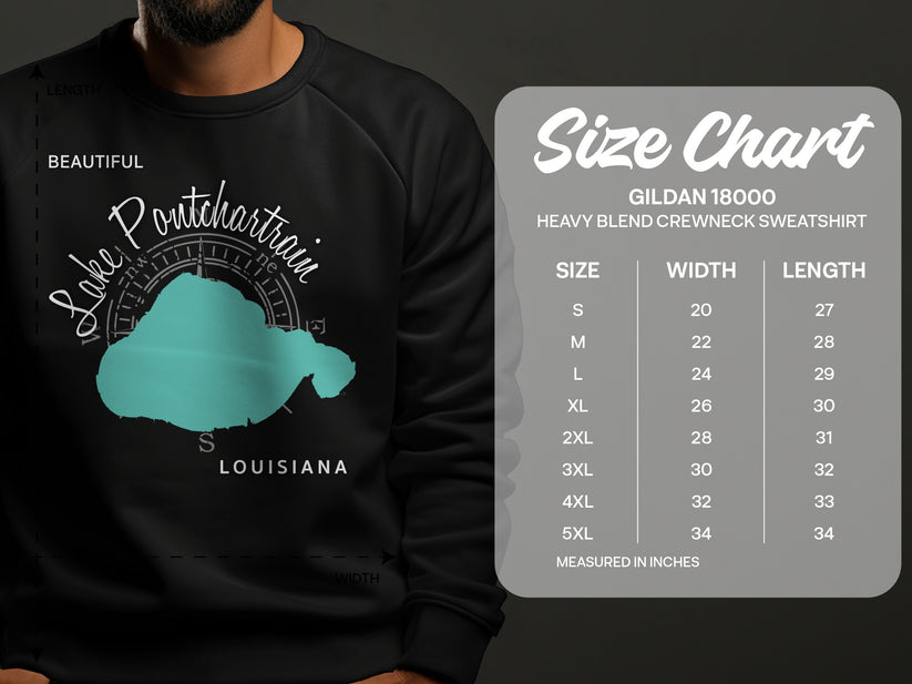 Lake Pontchartrain sweatshirt on a model, with a size chart.