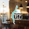 Turquoise lake silhouette sticker with "Abraham Life" text beside it.
