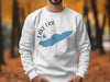White sweatshirt with Lake Erie map, compass rose, and "Ohio" text.