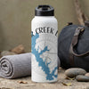 White water bottle with blue lake map and compass graphic reading "Creek Lake."