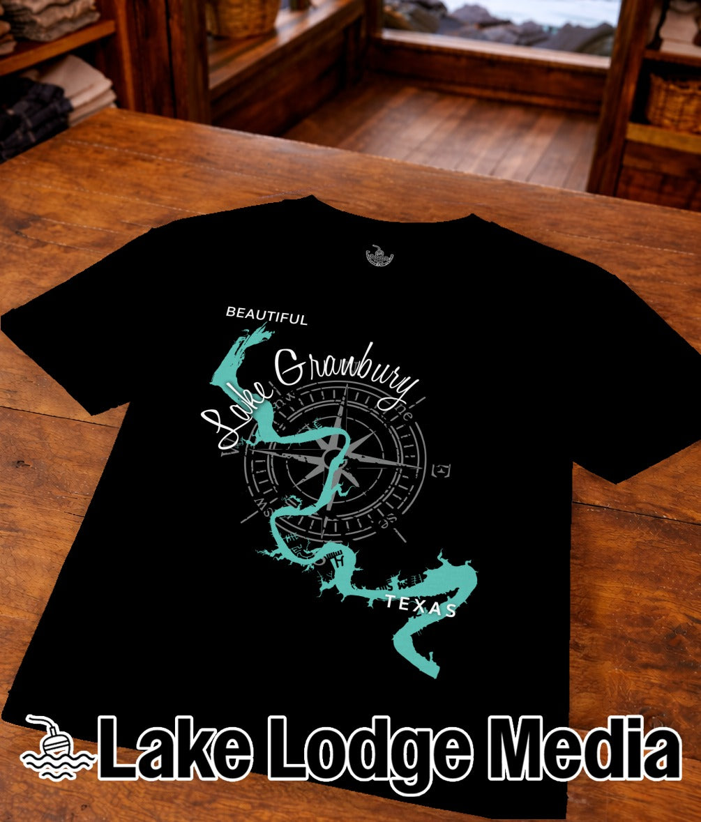 Black t-shirt with a teal map of Lake Granbury, Texas and compass rose.