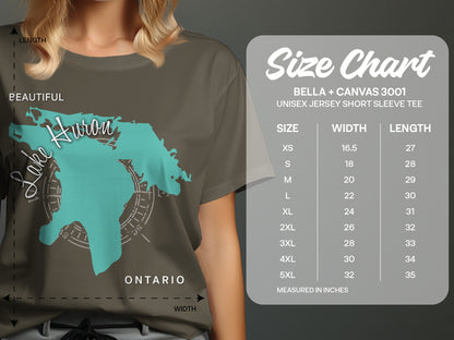 T-shirt size chart with measurements for Bella + Canvas 3001 unisex tee.