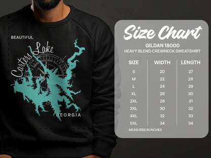 Carters Lake Georgia map and Gildan 18000 sweatshirt size chart.