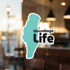 Teal Winnebago shape sticker with black "Winnebago Life" text and copyright.
