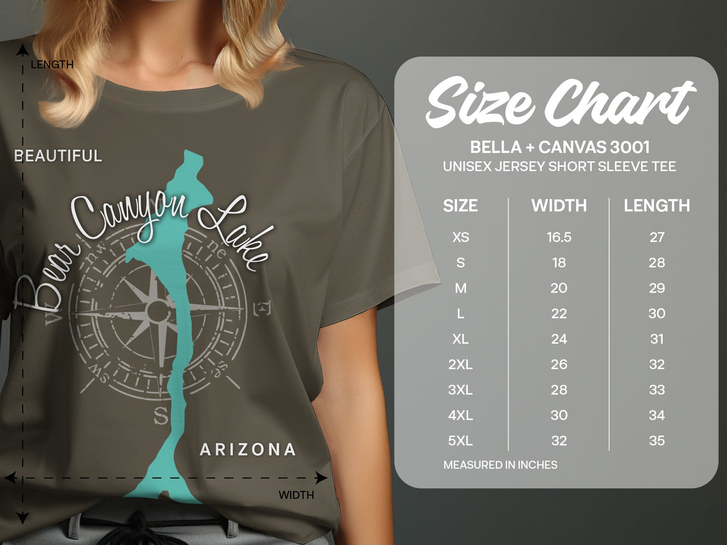 Unisex Bella + Canvas 3001 size chart with measurements and Canyon Lake graphic.