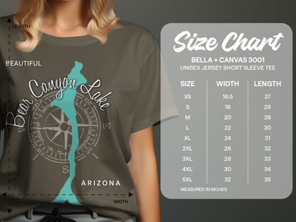 Unisex Bella + Canvas 3001 size chart with measurements and Canyon Lake graphic.
