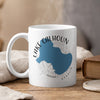 White mug with Lake Calhoun Georgia map design and steaming hot drink.