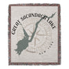 Woven blanket with Great Sacandaga Lake map and compass graphic.