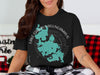 Black t-shirt with map of Lake Chargoggagoggmanchauggagoggchaubunagungamaugg, Massachusetts.