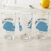 Three clear glasses with a blue map of Lake Monroe, Florida and text.
