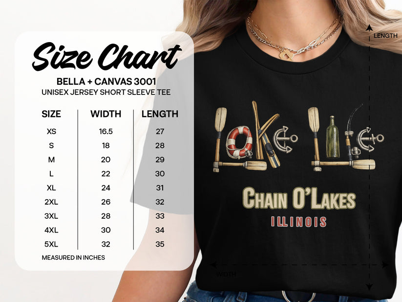 Size chart for Bella + Canvas 3001 unisex t-shirt, with measurements.