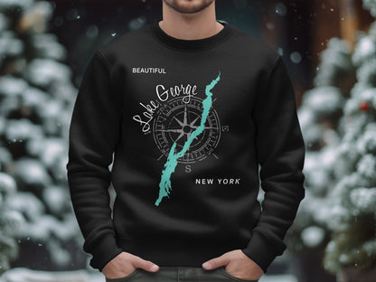 Black sweatshirt with Lake George map and compass design.