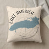 Cream pillow with a blue map of Lake Michigan and text "Lake America The United States of America".
