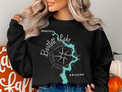 Black sweatshirt with a compass and map design for Bartlett Lake, Arizona.