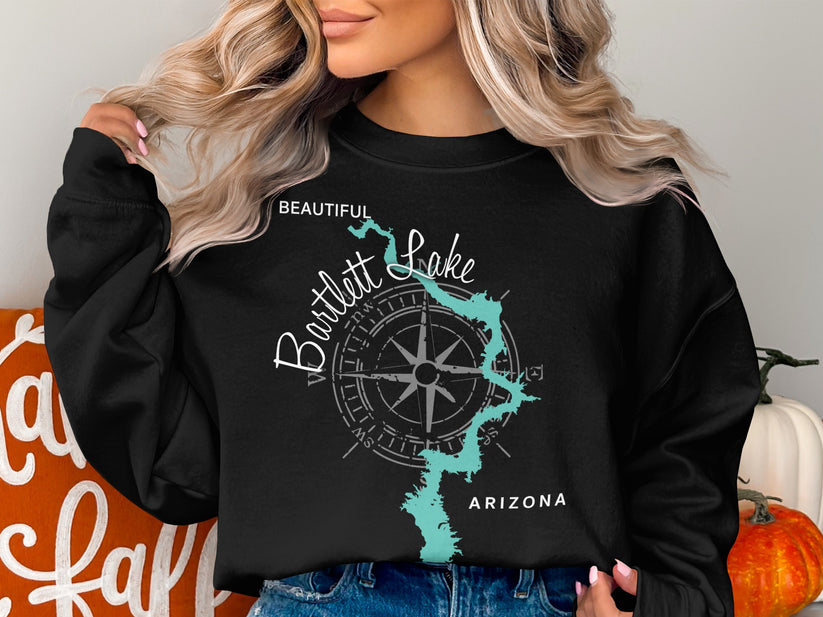 Black sweatshirt with a compass and map design for Bartlett Lake, Arizona.