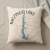 Cream pillow with "Mozingo Lake Missouri" text and lake graphic over compass.