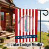 Garden flag with red and white stripes, lake graphic, and "The Smith Family".