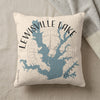 Cream pillow with blue Lewisville Lake, Texas map graphic and text.