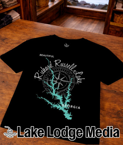 Black t-shirt featuring "Richard Russell Lake" map and compass design.