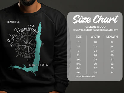 Sweatshirt featuring Lake Vermillion, Minnesota map, and size chart.