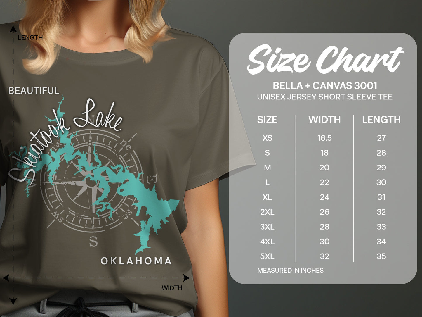 T-shirt with Shatook Lake map design and size chart.