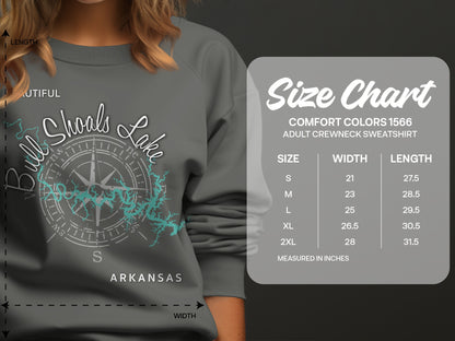 Size chart for Comfort Colors 1566 adult crewneck sweatshirt in inches.